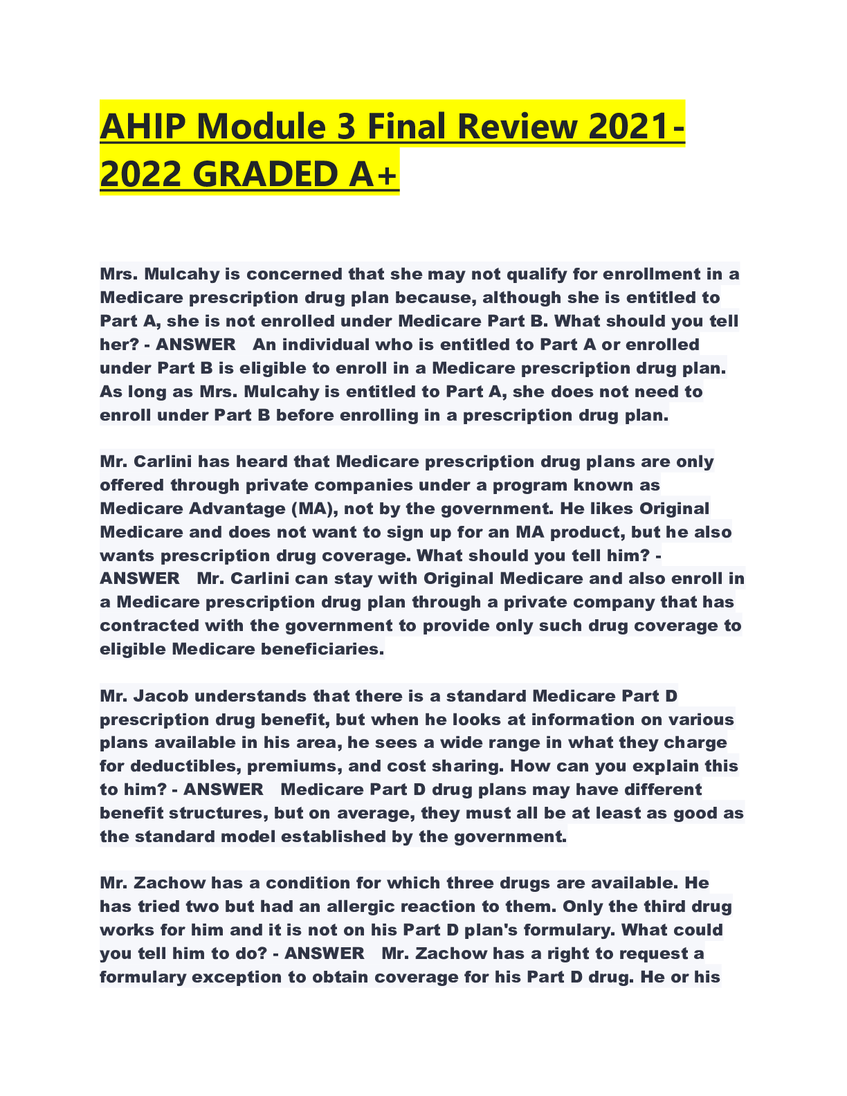 Preview image for AHIP Module 3 Final Review  -2022 GRADED A+
